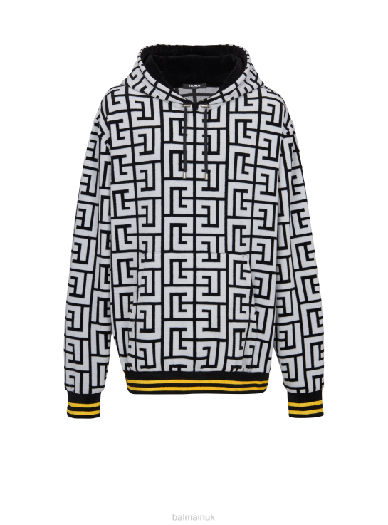 Clothing D0022973 Black Balmain Men Velvet Hoodie With Large Brand Monogram