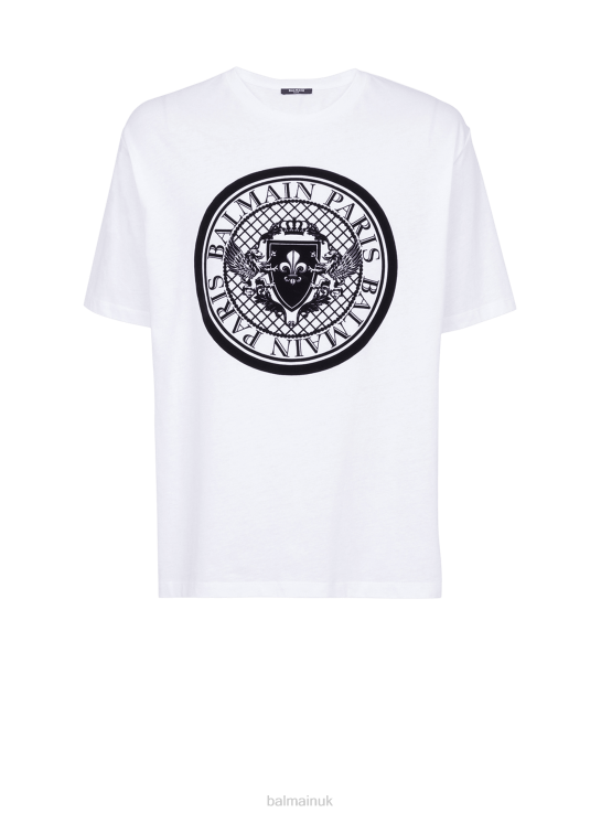 Clothing D0022860 White Balmain Men Cotton T-Shirt With Flocked Brand Medallion