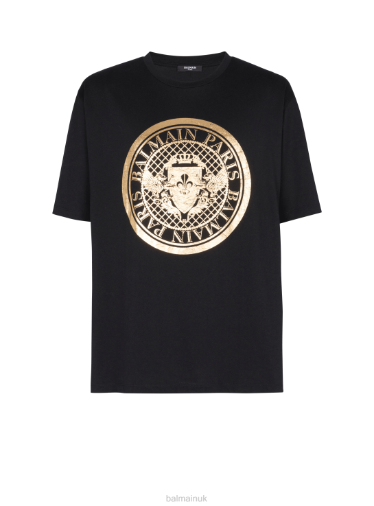 Clothing D0022861 Gold Balmain Men Oversized Cotton T-Shirt With Metallic Coin Logo Print