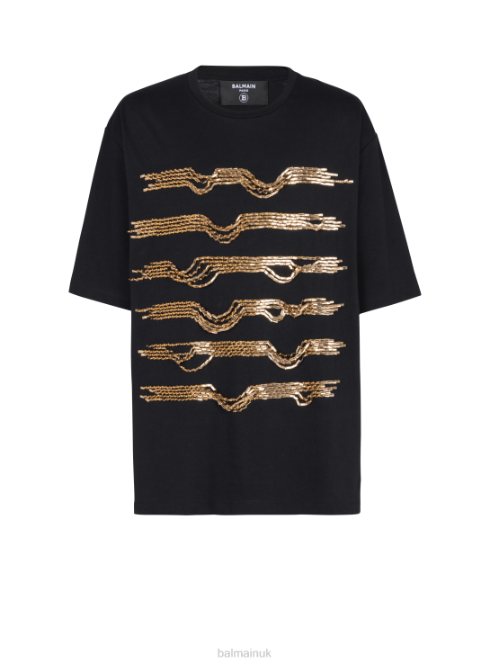 Clothing D0022862 Gold Balmain Men Oversized Embroidered Cotton T-Shirt With Destroy Stripes