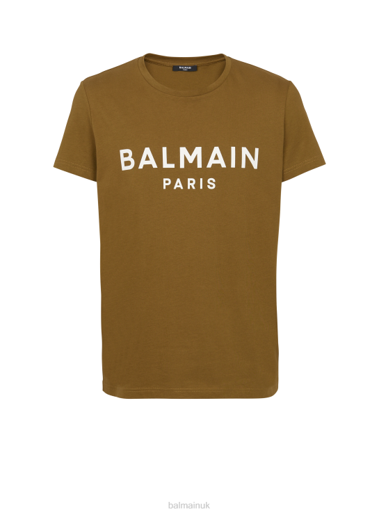 Clothing D0022863 Khaki Balmain Men Eco-Responsible Cotton T-Shirt With Brand Logo Print