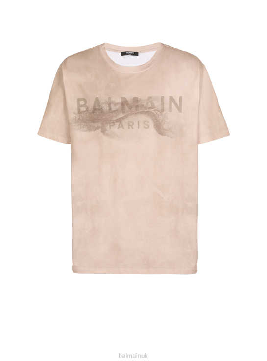 Clothing D0022866 Beige Balmain Men T-Shirt In Eco-Responsible Cotton With Brand Paris Desert Logo
