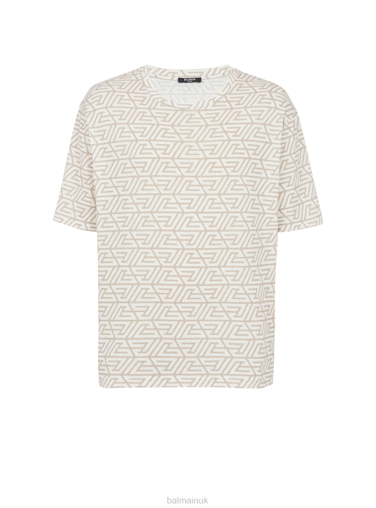 Clothing D0022872 Khaki Balmain Men Oversized Cotton T-Shirt With Printed Pyramid Monogram
