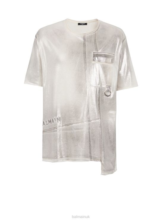 Clothing D0022873 Grey Balmain Men Asymmetrical Eco-Responsible Cotton T-Shirt With Brand Logo Pleat Print