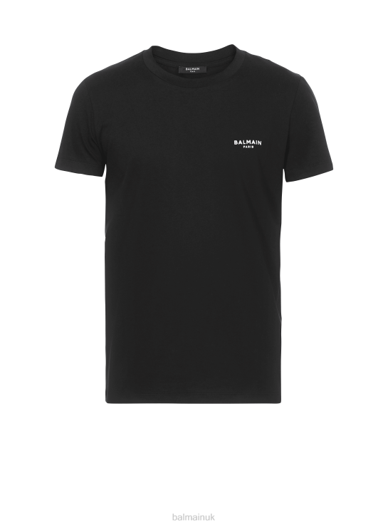 Clothing D0022875 Black Balmain Men Eco-Designed Cotton T-Shirt With Small Flocked Brand Paris Logo