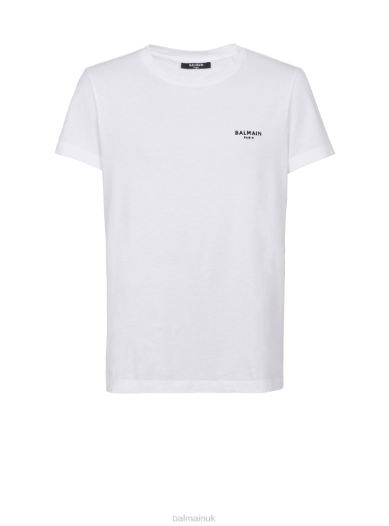 Clothing D0022878 White Balmain Men Eco-Designed Cotton T-Shirt With Small Flocked Brand Paris Logo