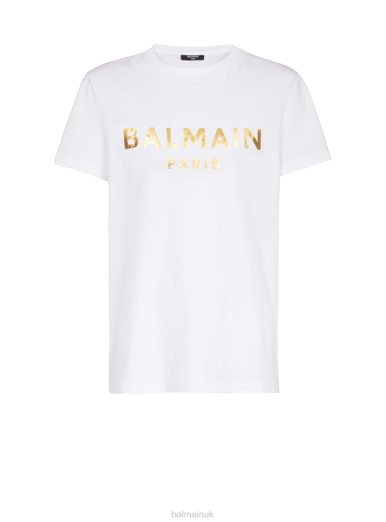 Clothing D0022881 White Balmain Men T-Shirt In Eco-Responsible Cotton With Brand Metallic Logo Print