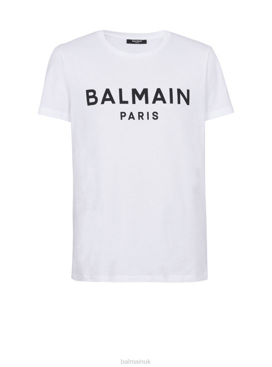 Clothing D0022882 White Balmain Men Eco-Designed Cotton T-Shirt With Brand Paris Logo Print