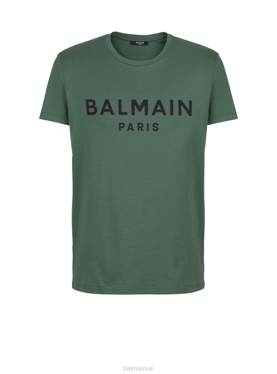 Clothing D0022883 Green Balmain Men Eco-Designed Cotton T-Shirt With Brand Paris Logo Print