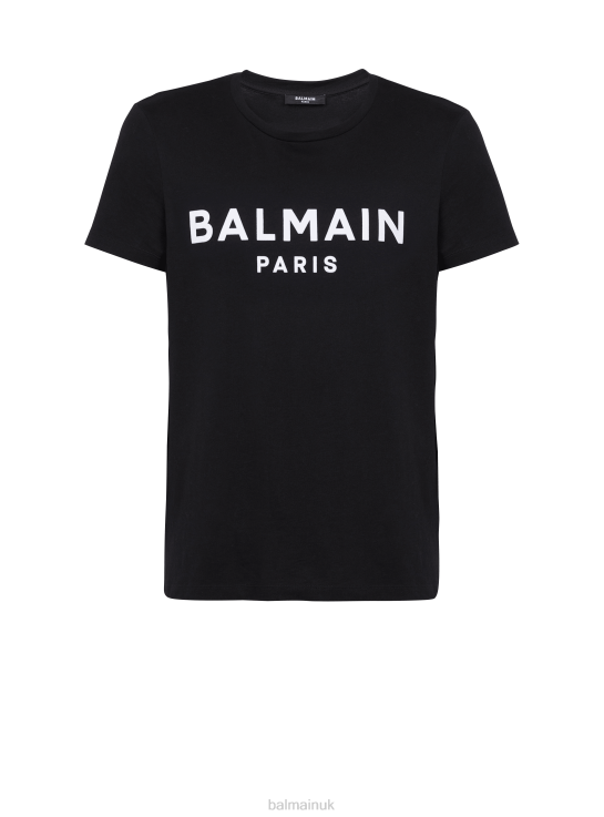 Clothing D0022884 Black Balmain Men Cotton T-Shirt With Flocked Brand Medallion