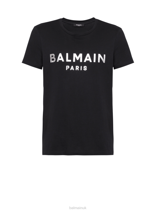Clothing D0022885 Silver Balmain Men T-Shirt In Eco-Responsible Cotton With Brand Metallic Logo Print