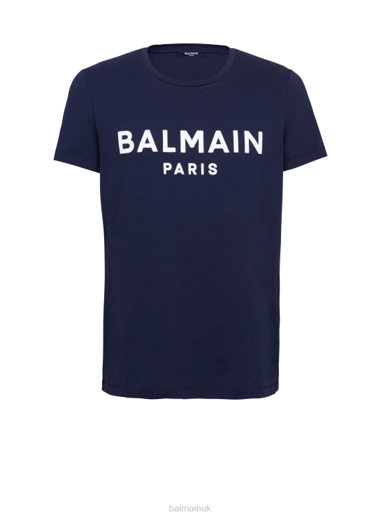 Clothing D0022886 Navy Balmain Men Cotton T-Shirt With Flocked Brand Medallion