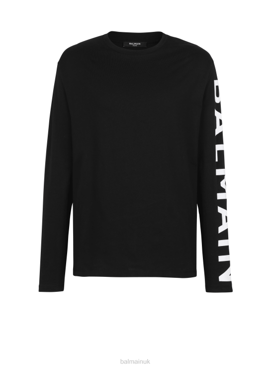 Clothing D0022888 Black Balmain Men Long-Sleeved Cotton T-Shirt With Brand Signature On Sleeve