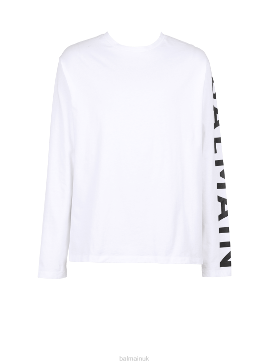 Clothing D0022889 White Balmain Men Long-Sleeved Cotton T-Shirt With Brand Signature On Sleeve