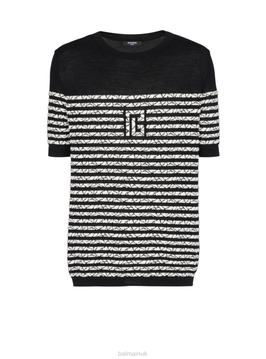 Clothing D0022891 Black Balmain Men Wool T-Shirt With Marbled Stripes