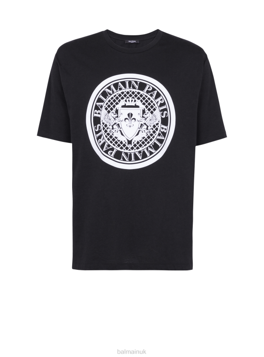 Clothing D0022897 Black Balmain Men Cotton T-Shirt With Flocked Brand Medallion