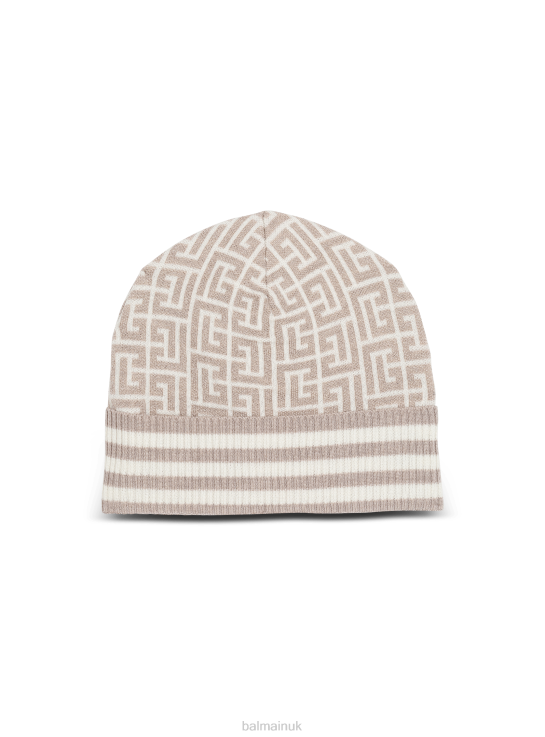 Accessories D0022782 Beige Balmain Women Monogrammed Embroidered Wool Hat