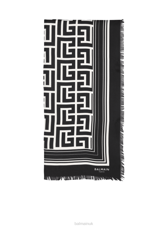 Accessories D0022772 Black Balmain Women Silk Monogrammed Scarf