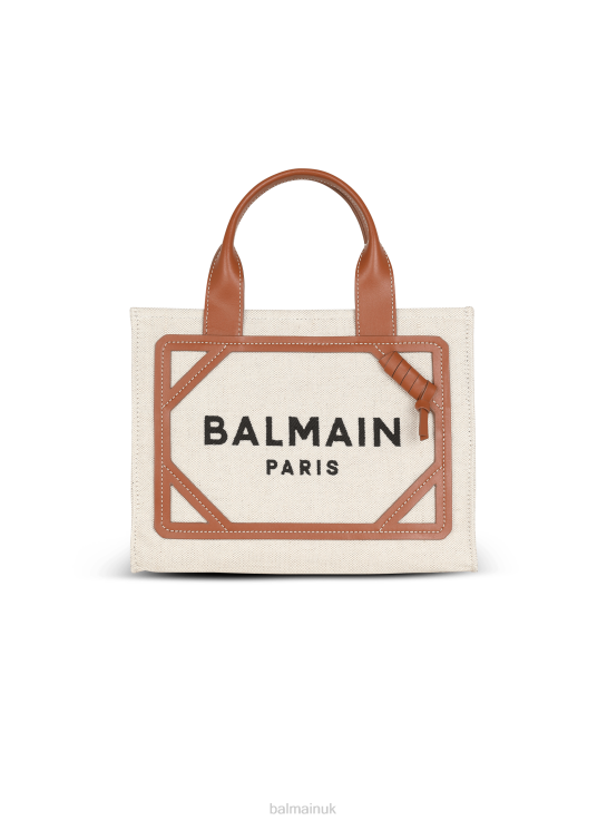 Accessories D0022557 Brown Balmain Women B-Army Small Canvas Shopping Bag With Leather Inserts