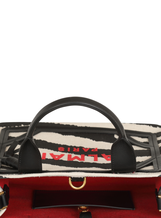 Accessories D0022569 Black Balmain Women B-Army Small Zebra Print Canvas Shopping Bag With Leather Inserts