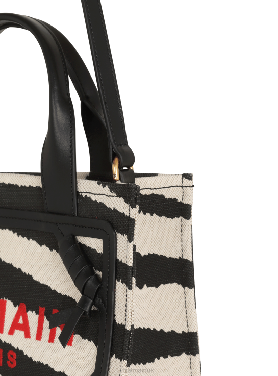Accessories D0022569 Black Balmain Women B-Army Small Zebra Print Canvas Shopping Bag With Leather Inserts