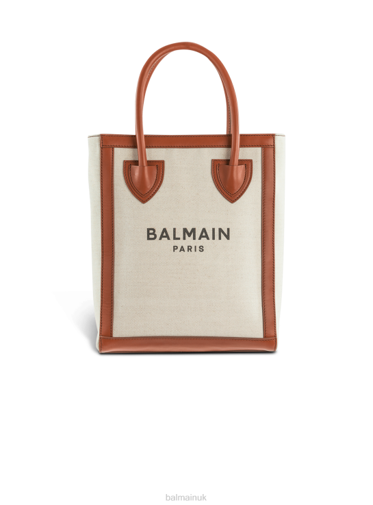Accessories D0022576 Beige Balmain Women Ecru Canvas B-Army 26 Bag With Brown Leather Panels