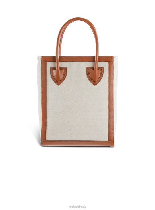 Accessories D0022576 Beige Balmain Women Ecru Canvas B-Army 26 Bag With Brown Leather Panels