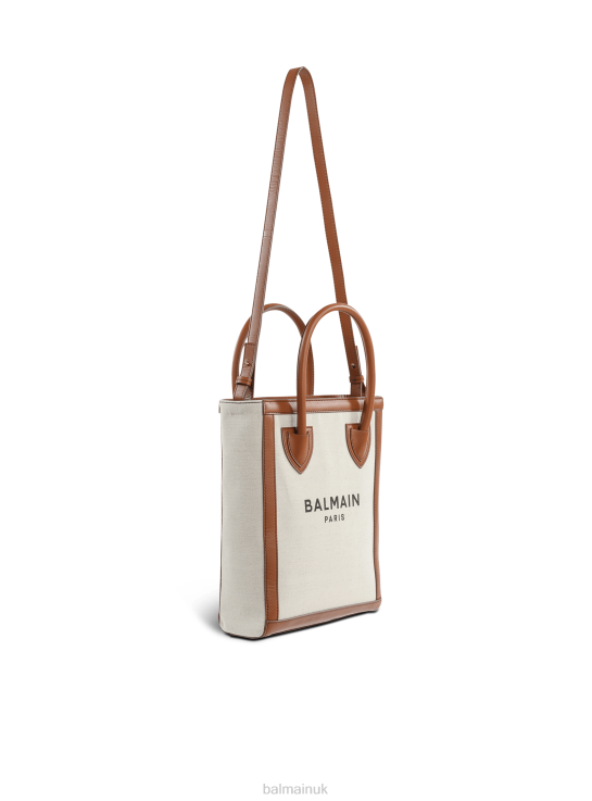 Accessories D0022576 Beige Balmain Women Ecru Canvas B-Army 26 Bag With Brown Leather Panels