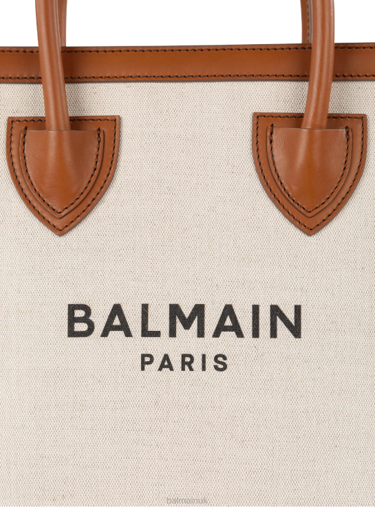 Accessories D0022576 Beige Balmain Women Ecru Canvas B-Army 26 Bag With Brown Leather Panels