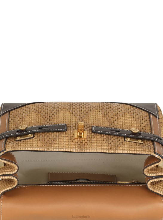 Accessories D0022487 Brown Balmain Women B-Buzz 23 Leather And Raffia Bag
