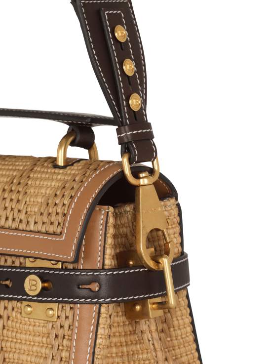 Accessories D0022487 Brown Balmain Women B-Buzz 23 Leather And Raffia Bag