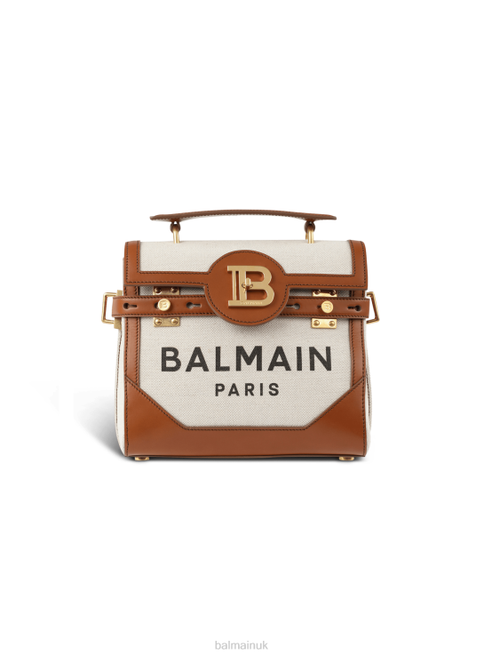 Accessories D0022488 Beige Balmain Women Ecru Canvas B-Buzz 23 Bag With Brown Leather Panels
