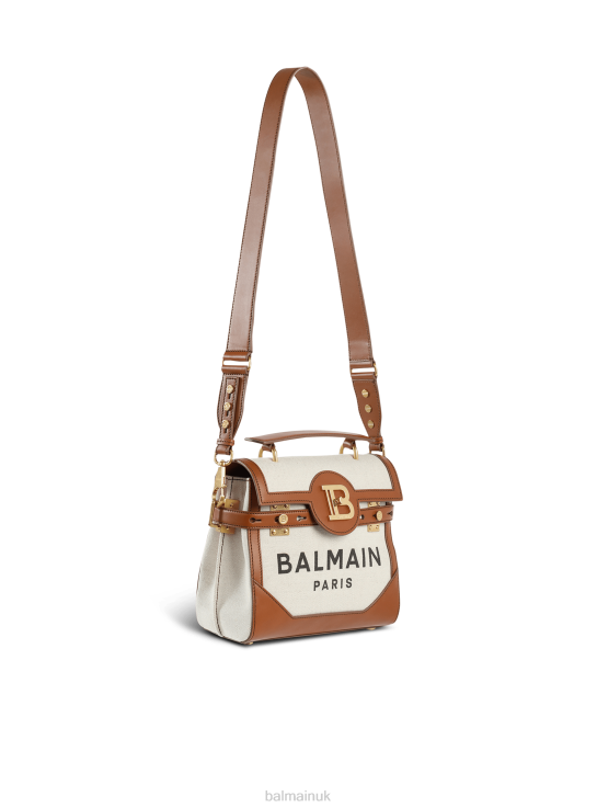 Accessories D0022488 Beige Balmain Women Ecru Canvas B-Buzz 23 Bag With Brown Leather Panels