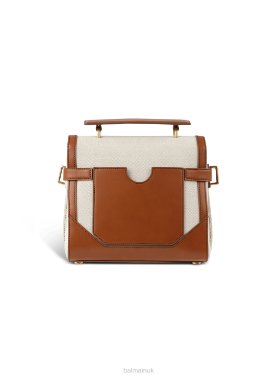 Accessories D0022488 Beige Balmain Women Ecru Canvas B-Buzz 23 Bag With Brown Leather Panels