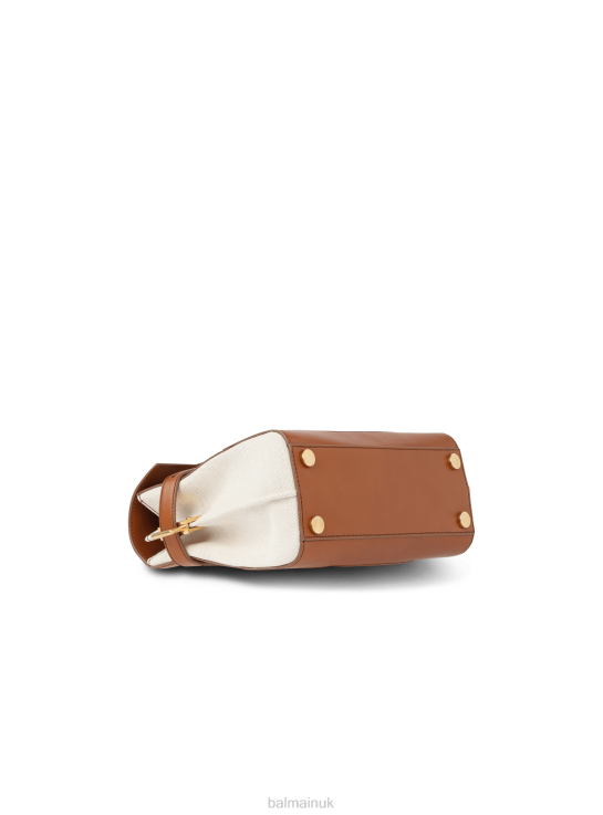 Accessories D0022488 Beige Balmain Women Ecru Canvas B-Buzz 23 Bag With Brown Leather Panels