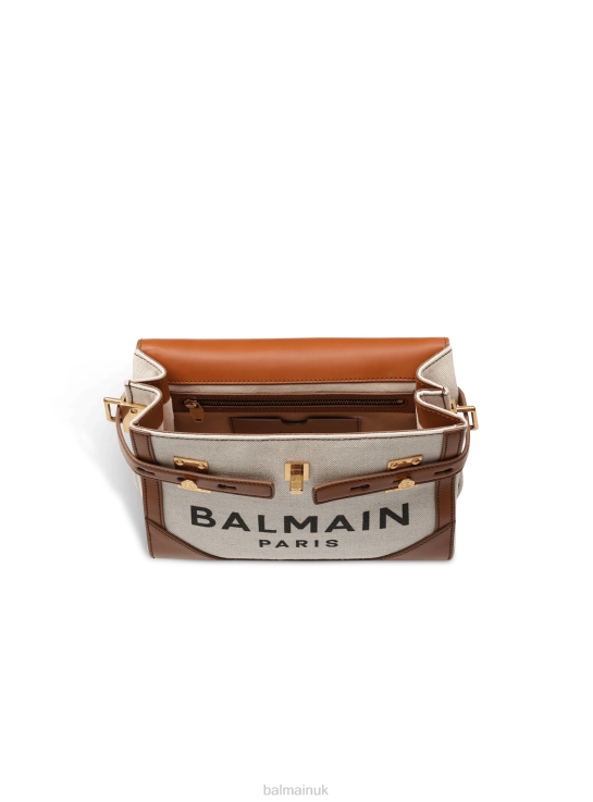 Accessories D0022488 Beige Balmain Women Ecru Canvas B-Buzz 23 Bag With Brown Leather Panels