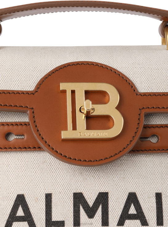 Accessories D0022488 Beige Balmain Women Ecru Canvas B-Buzz 23 Bag With Brown Leather Panels