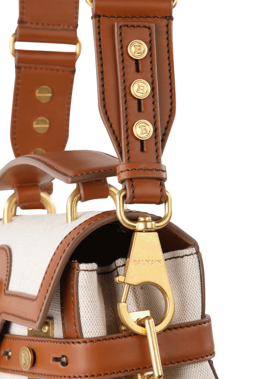 Accessories D0022488 Beige Balmain Women Ecru Canvas B-Buzz 23 Bag With Brown Leather Panels
