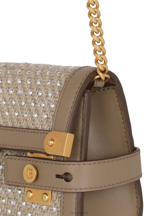 Accessories D0022450 Beige Balmain Women B-Buzz 23 Raffia Clutch Bag With Rhinestones