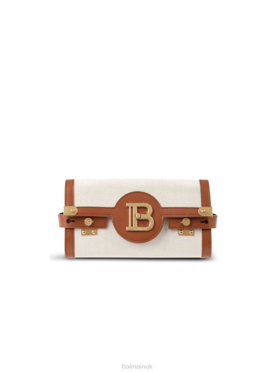 Accessories D0022484 Beige Balmain Women Ecru Canvas B-Buzz 23 Clutch With Brown Leather Panels