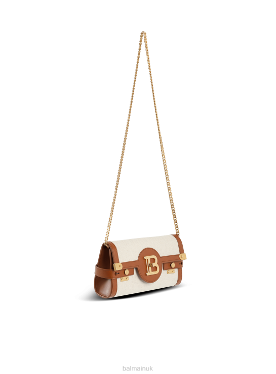Accessories D0022484 Beige Balmain Women Ecru Canvas B-Buzz 23 Clutch With Brown Leather Panels