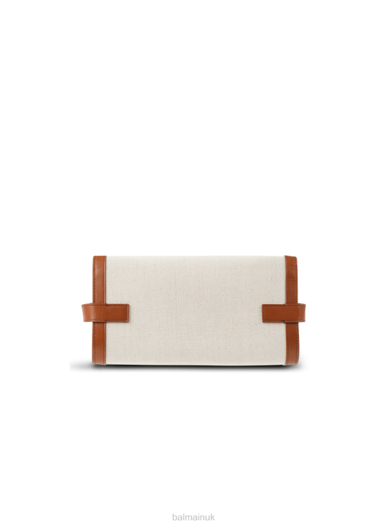 Accessories D0022484 Beige Balmain Women Ecru Canvas B-Buzz 23 Clutch With Brown Leather Panels