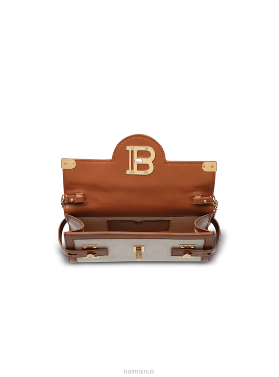 Accessories D0022484 Beige Balmain Women Ecru Canvas B-Buzz 23 Clutch With Brown Leather Panels