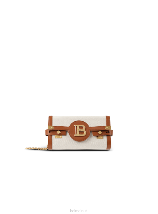 Accessories D0022484 Beige Balmain Women Ecru Canvas B-Buzz 23 Clutch With Brown Leather Panels