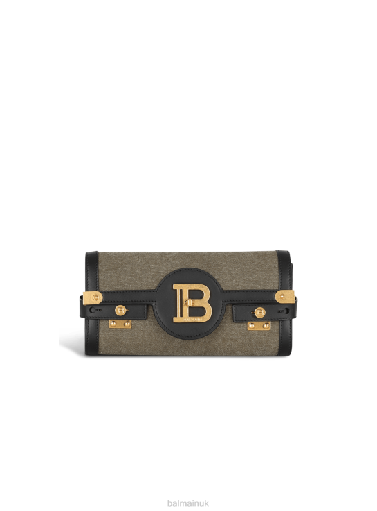 Accessories D0022490 Khaki Balmain Women Canvas B-Buzz 23 Clutch Bag With Leather Panels