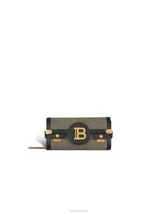 Accessories D0022490 Khaki Balmain Women Canvas B-Buzz 23 Clutch Bag With Leather Panels
