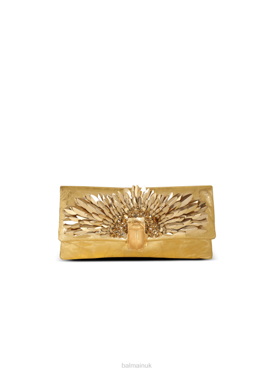 Accessories D0022549 Gold Balmain Women 1945 Soft Clutch Bag In Smooth Embroidered Leather