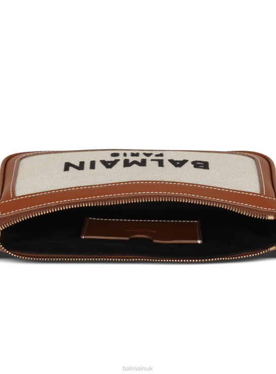 Accessories D0022560 Brown Balmain Women B-Army Canvas Clutch Bag With Leather Inserts