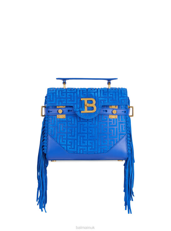 Accessories D0022507 Blue Balmain Women B-Buzz 23 Fringed Bag With Suede Embossed Monogram