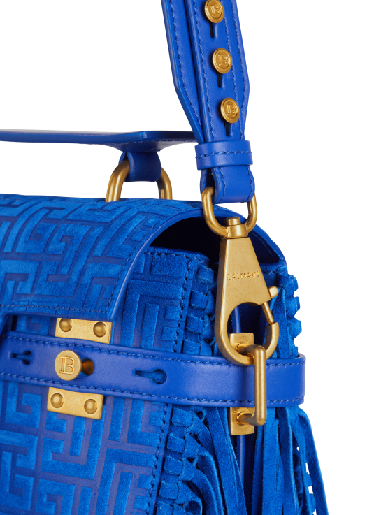 Accessories D0022507 Blue Balmain Women B-Buzz 23 Fringed Bag With Suede Embossed Monogram